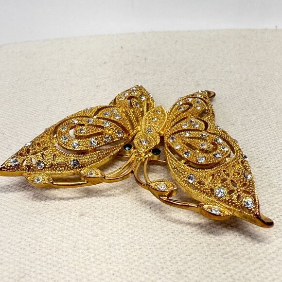Ornate Butterfly Brooch Pin Gold-Tone Sparkly Rhinestone 2.5" Statement - Picture 4 of 8